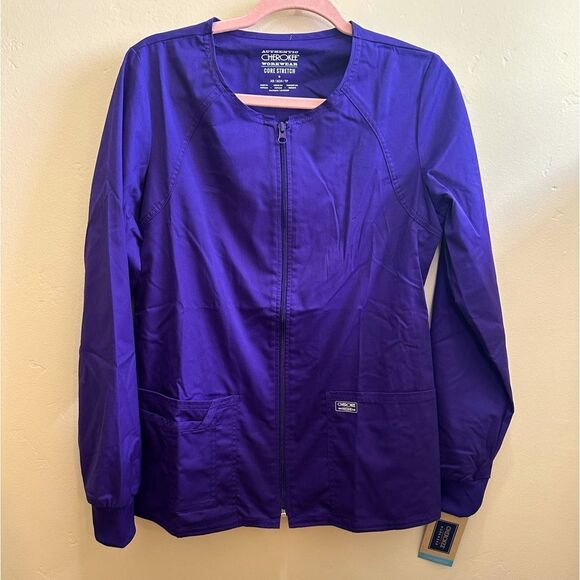 Cherokee Workwear Zip Up Scrub Jacket With Pockets Purple Grape Medium - Picture 2 of 5